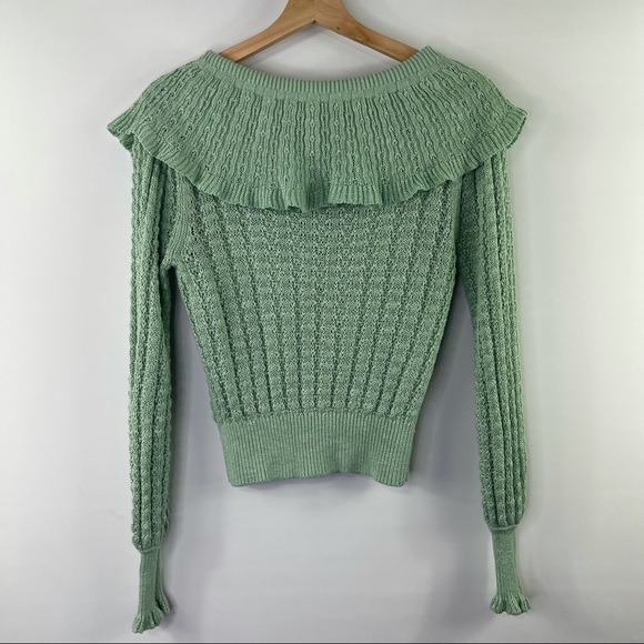 Free People Crochet Sweater Crazy In Love Knit Ruffle Sweater Mint Green Size XS - Picture 2 of 6
